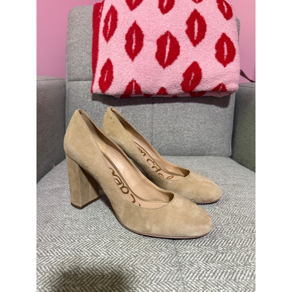 Sam Edelman‎ Tan Suede Block Heel Pumps Round Toe Neutral Chunky Heels